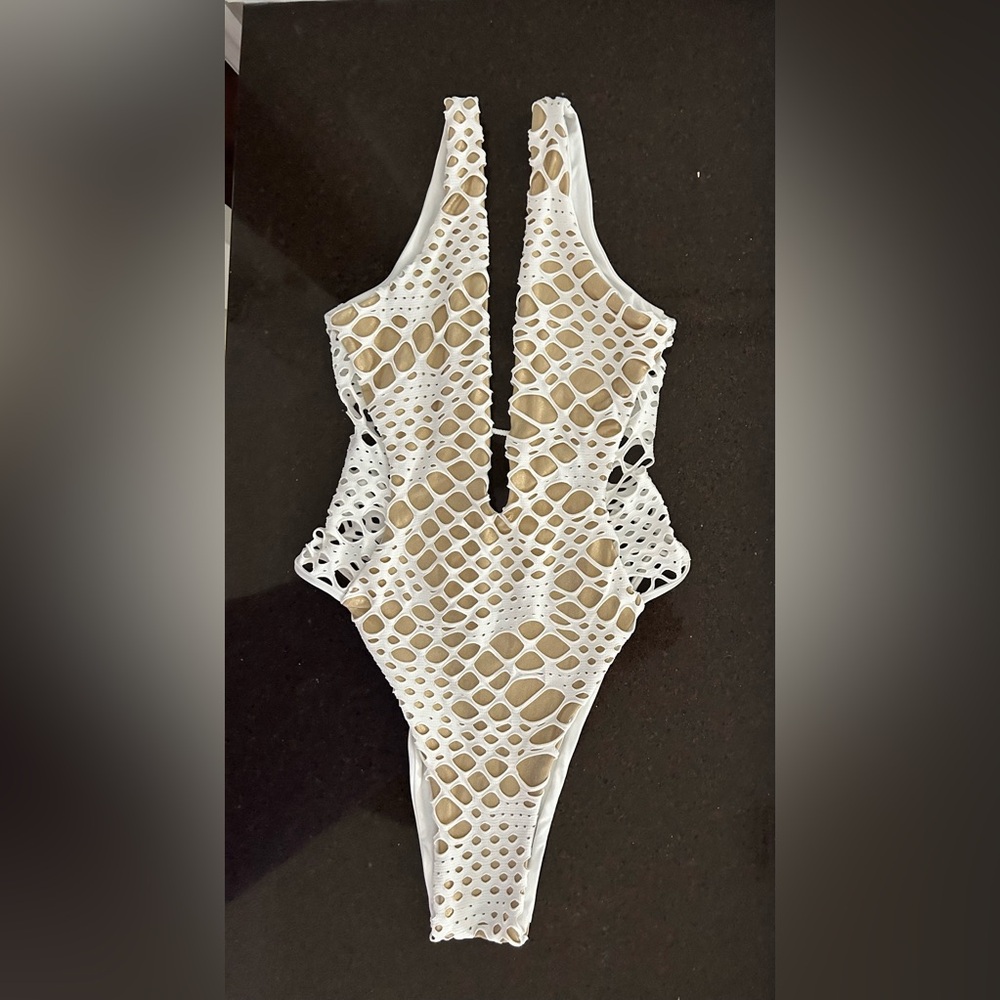 White and Gold Cutout Swimsuit